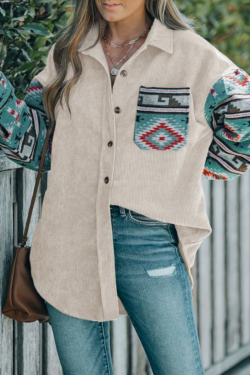 Fernanda | Casual blouses with geometric print and pocket patchwork and contrast turn-down collar