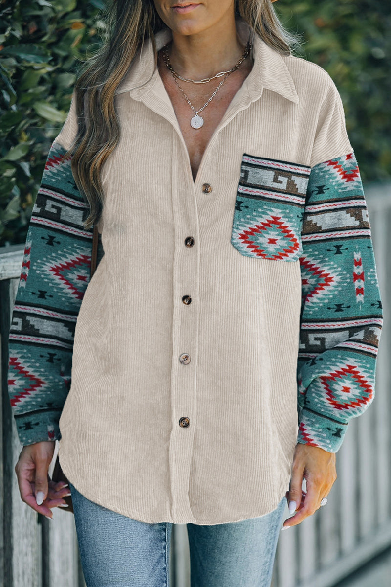 Fernanda | Casual blouses with geometric print and pocket patchwork and contrast turn-down collar