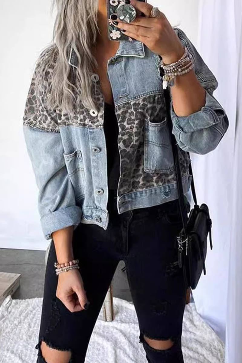 Fien | Casual leopard print button up outerwear in patchwork contrast turn down collar