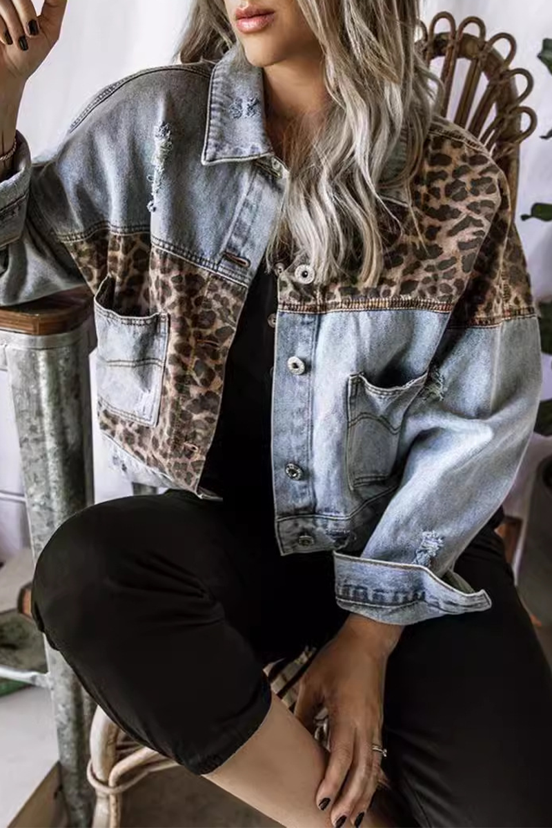 Fien | Casual leopard print button up outerwear in patchwork contrast turn down collar
