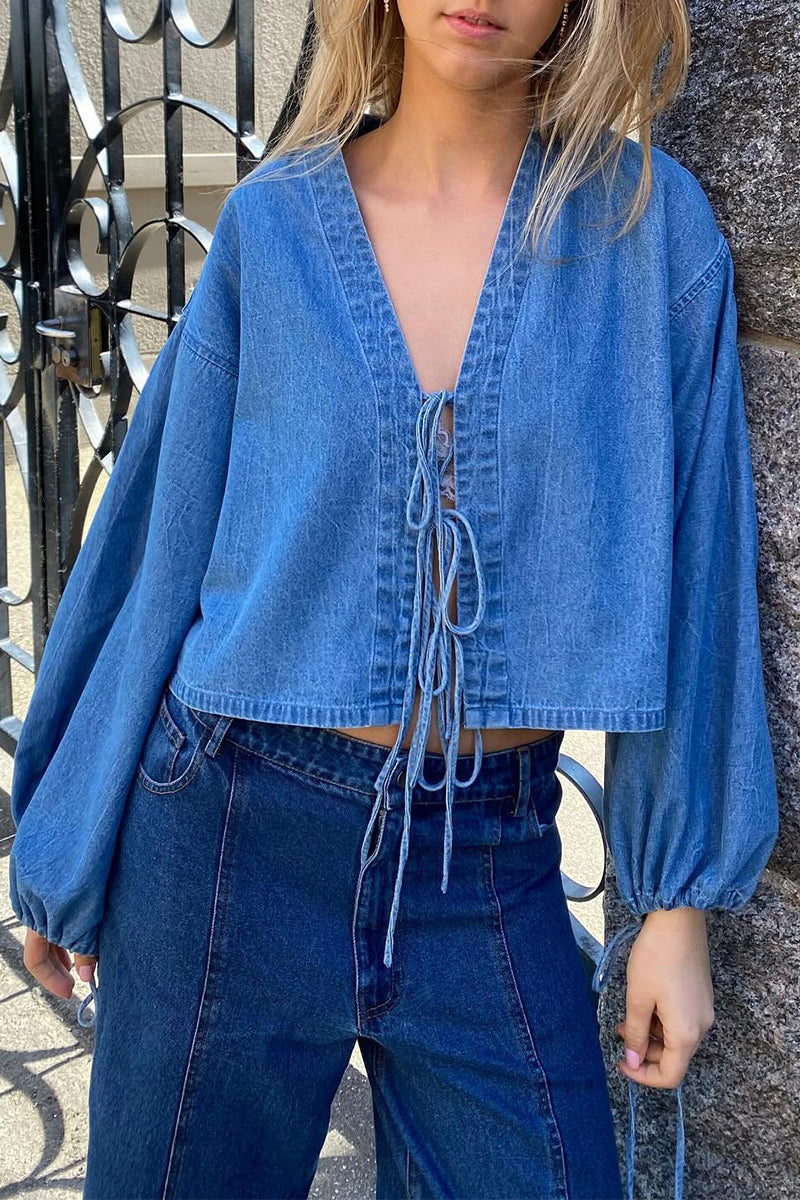 Franziska | Casual solid color outerwear with lace-up and V-neck