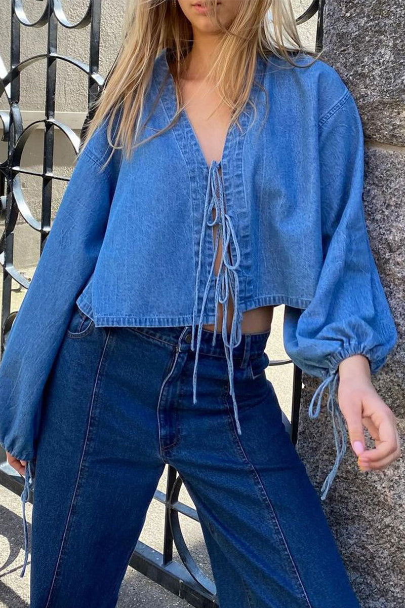 Franziska | Casual solid color outerwear with lace-up and V-neck