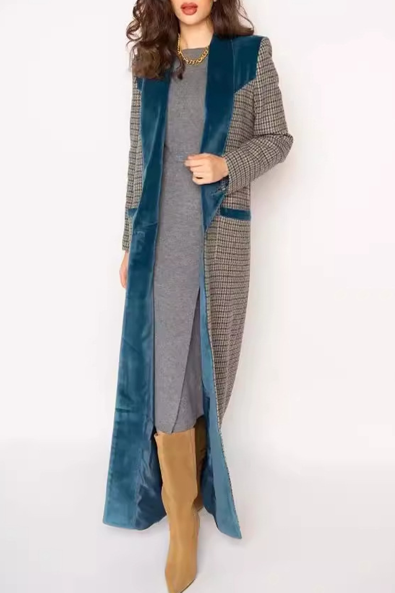 Frieda | Casual outerwear with street plaid patchwork contrast turn-down collar