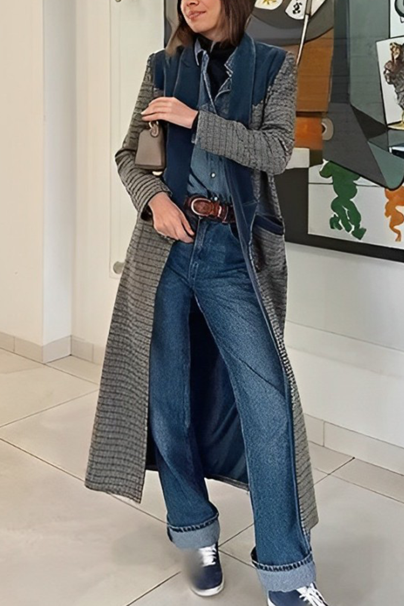 Frieda | Casual outerwear with street plaid patchwork contrast turn-down collar