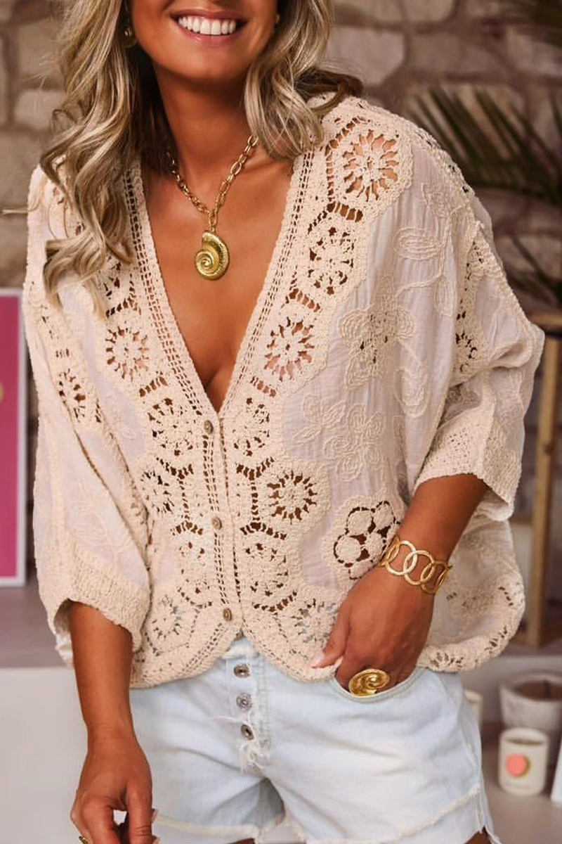 Greta | Casual distressed lace outerwear with hollow out V-neck
