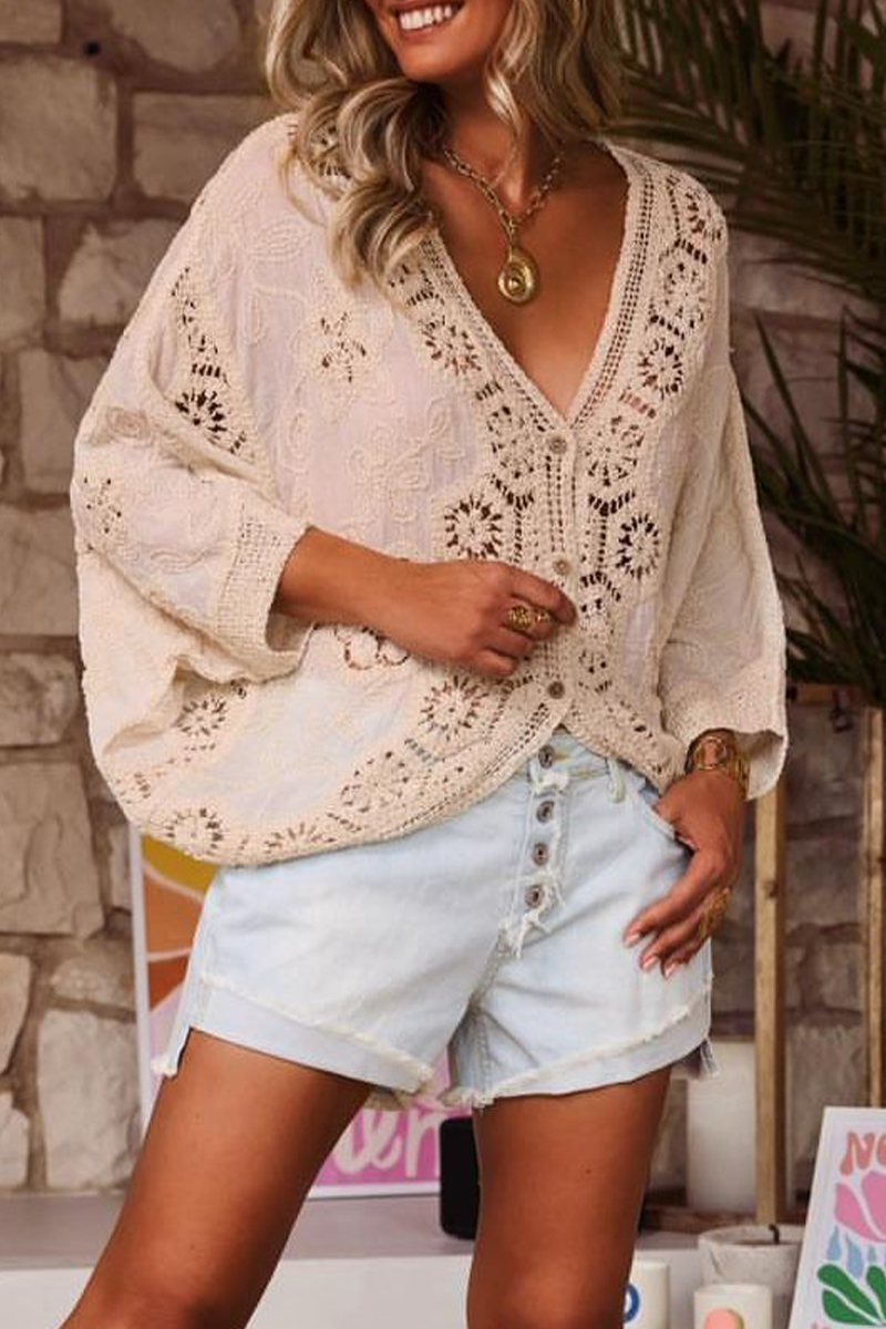 Greta | Casual distressed lace outerwear with hollow out V-neck