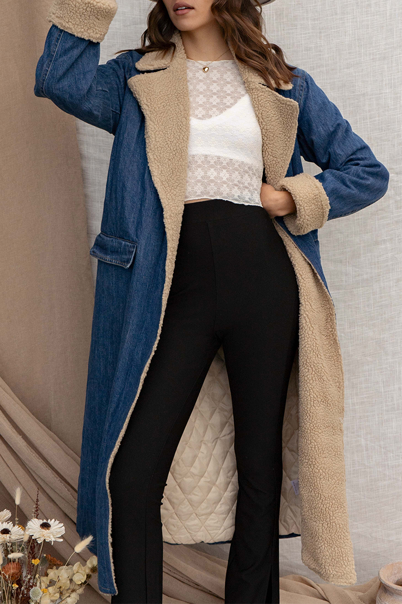 Gudrun | Casual street pocket outerwear with lace up and patchwork turn down collar