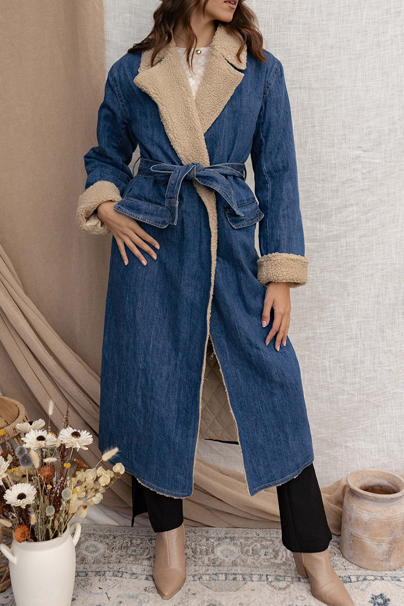 Gudrun | Casual street pocket outerwear with lace up and patchwork turn down collar