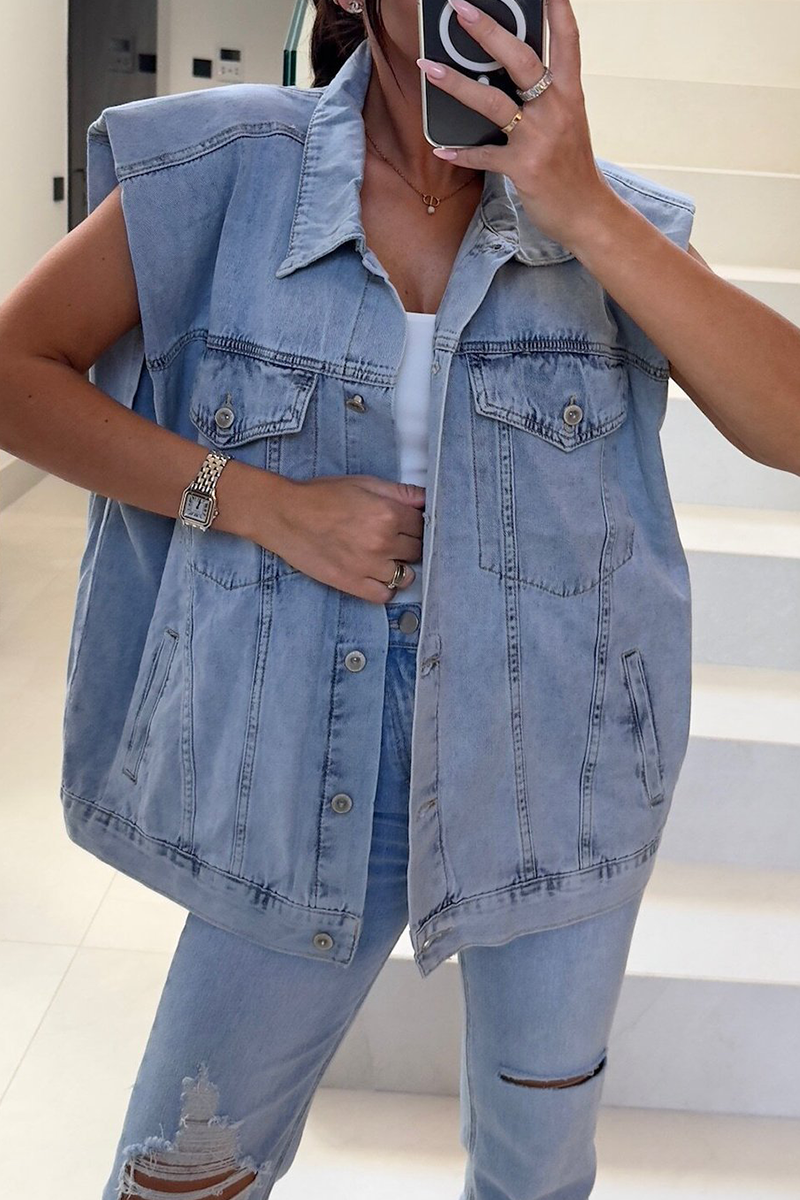 Griselda | Casual denim jacket with distressed buttons, turn-down collar, sleeveless, loose
