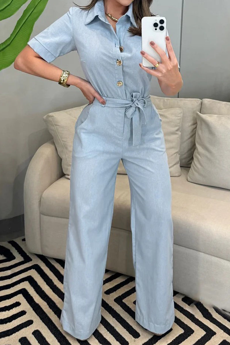 Guillermina | Casual, daily, loose jumpsuits with pockets and lace-up buttons and turn-down collar