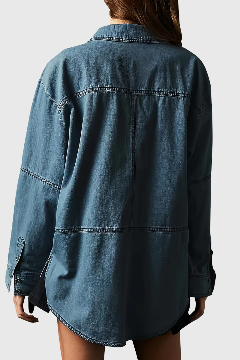 Gwen | Casual Street Distressed Pocket Turndown Collar Long Sleeve Loose Fit Denim Jacket