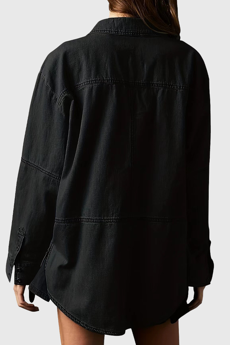 Gwen | Casual Street Distressed Pocket Turndown Collar Long Sleeve Loose Fit Denim Jacket