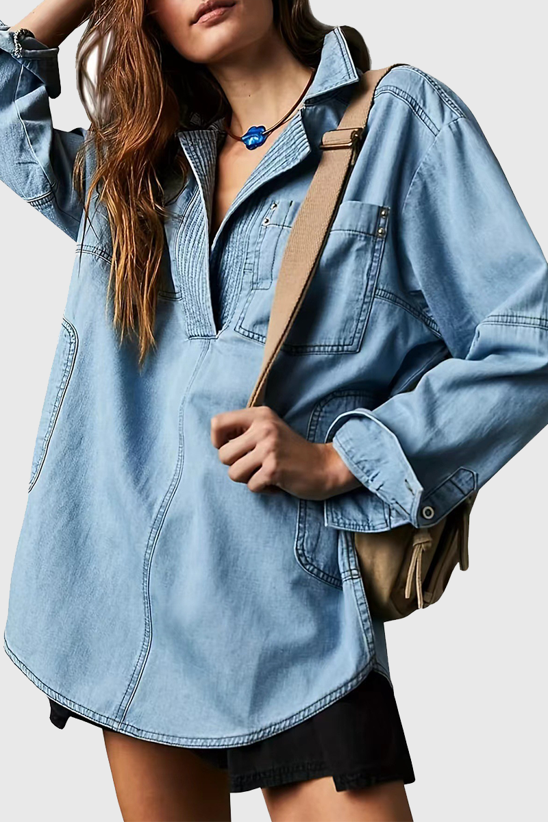 Gwen | Casual Street Distressed Pocket Turndown Collar Long Sleeve Loose Fit Denim Jacket