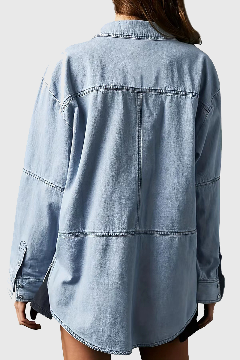 Gwen | Casual Street Distressed Pocket Turndown Collar Long Sleeve Loose Fit Denim Jacket