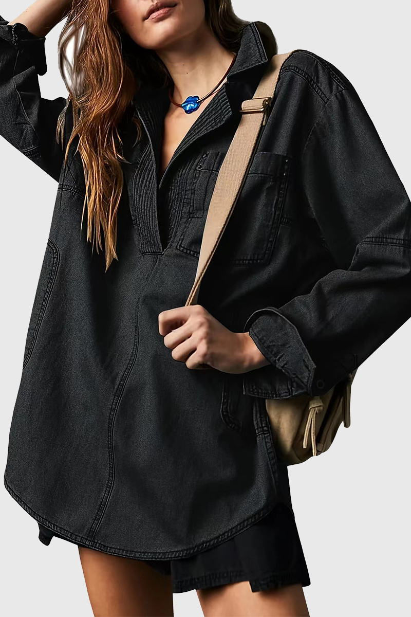 Gwen | Casual Street Distressed Pocket Turndown Collar Long Sleeve Loose Fit Denim Jacket