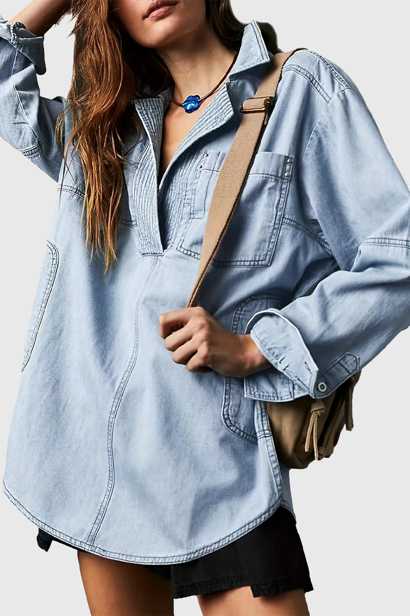 Gwen | Casual Street Distressed Pocket Turndown Collar Long Sleeve Loose Fit Denim Jacket