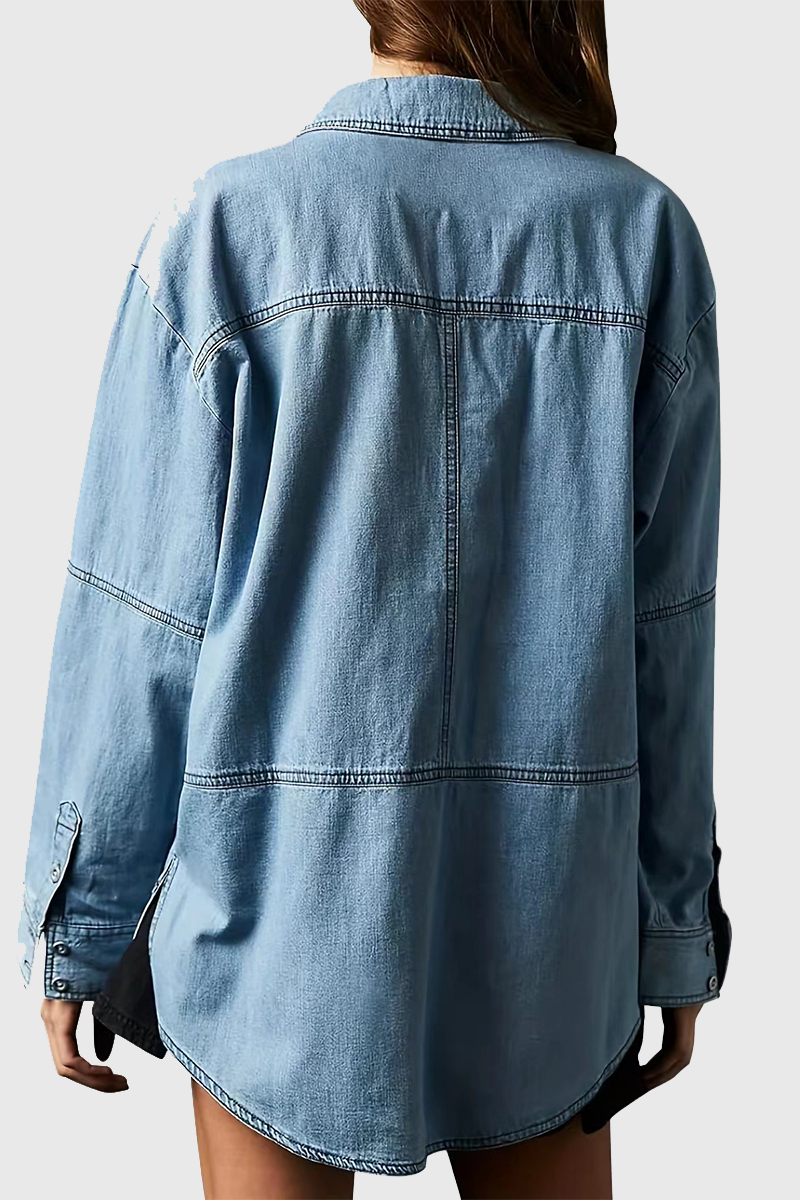 Gwen | Casual Street Distressed Pocket Turndown Collar Long Sleeve Loose Fit Denim Jacket