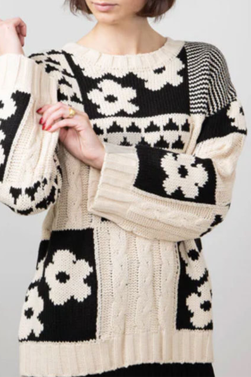 Heike | Casual O-neck sweaters with contrast color block floral pattern