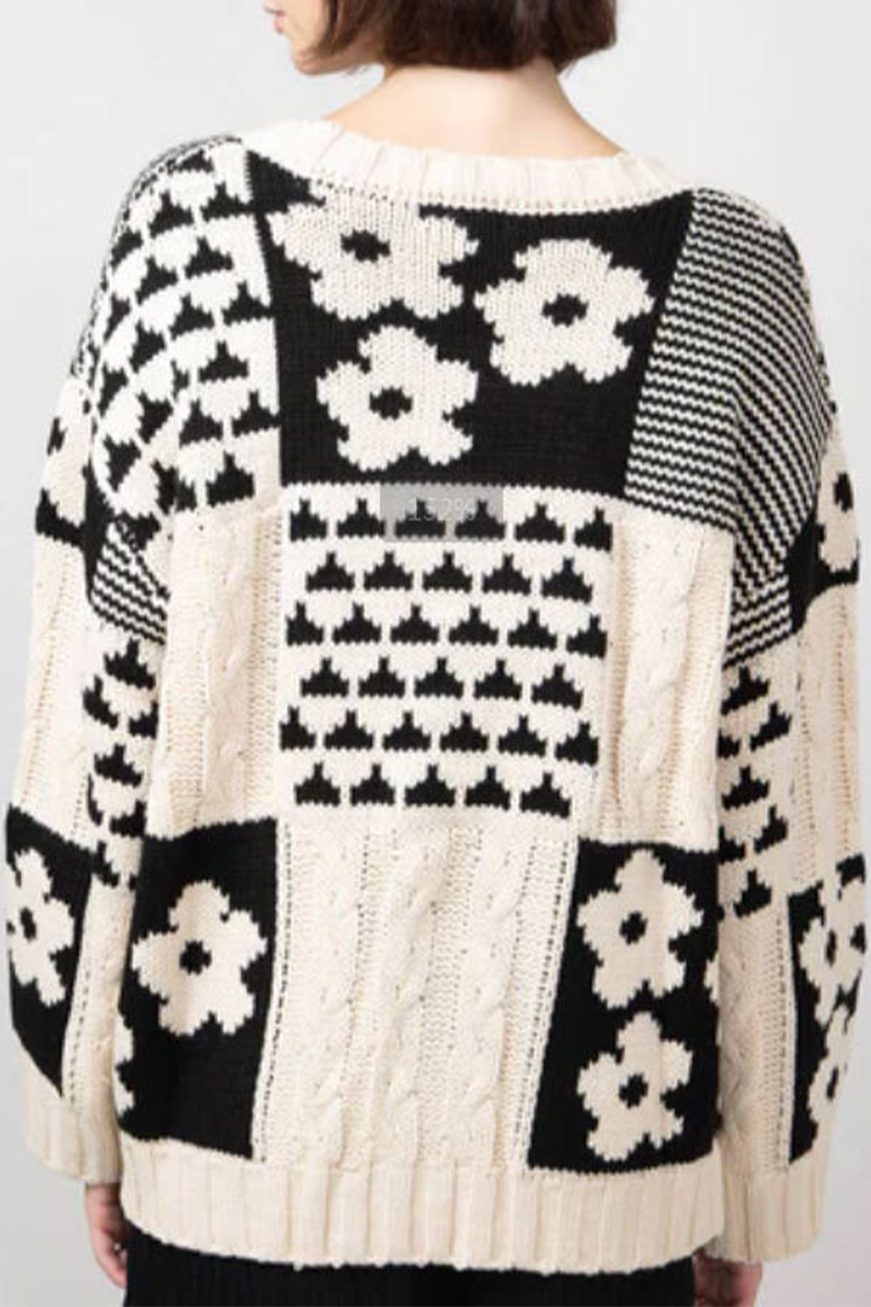 Heike | Casual O-neck sweaters with contrast color block floral pattern