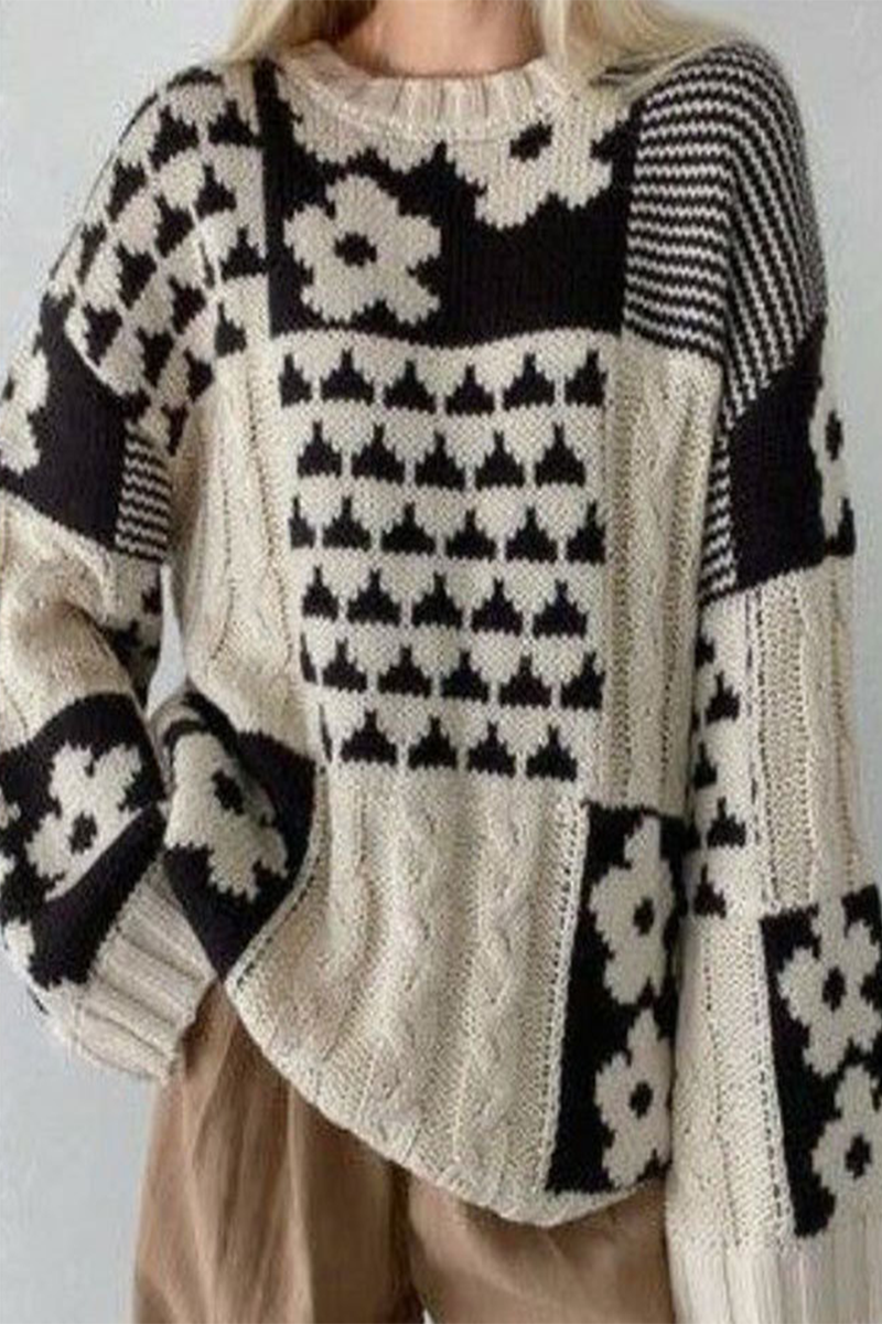 Heike | Casual O-neck sweaters with contrast color block floral pattern