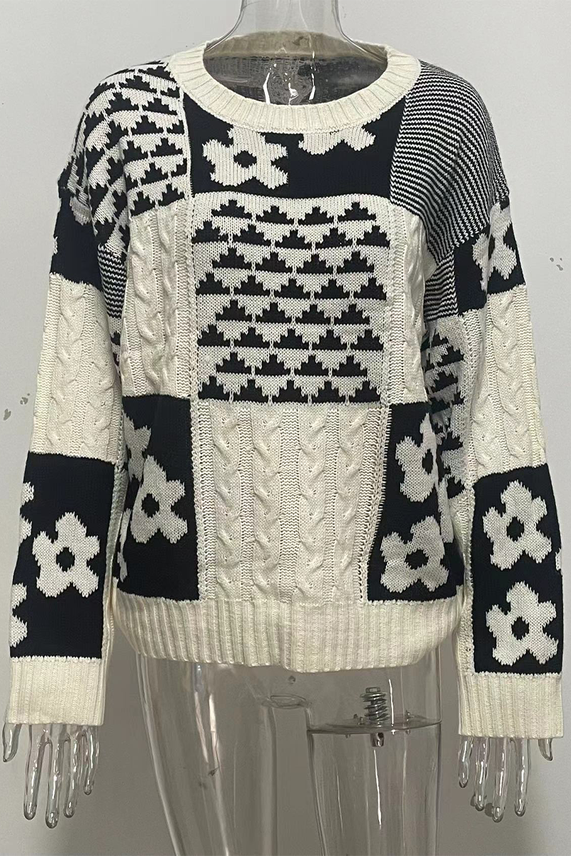 Heike | Casual O-neck sweaters with contrast color block floral pattern