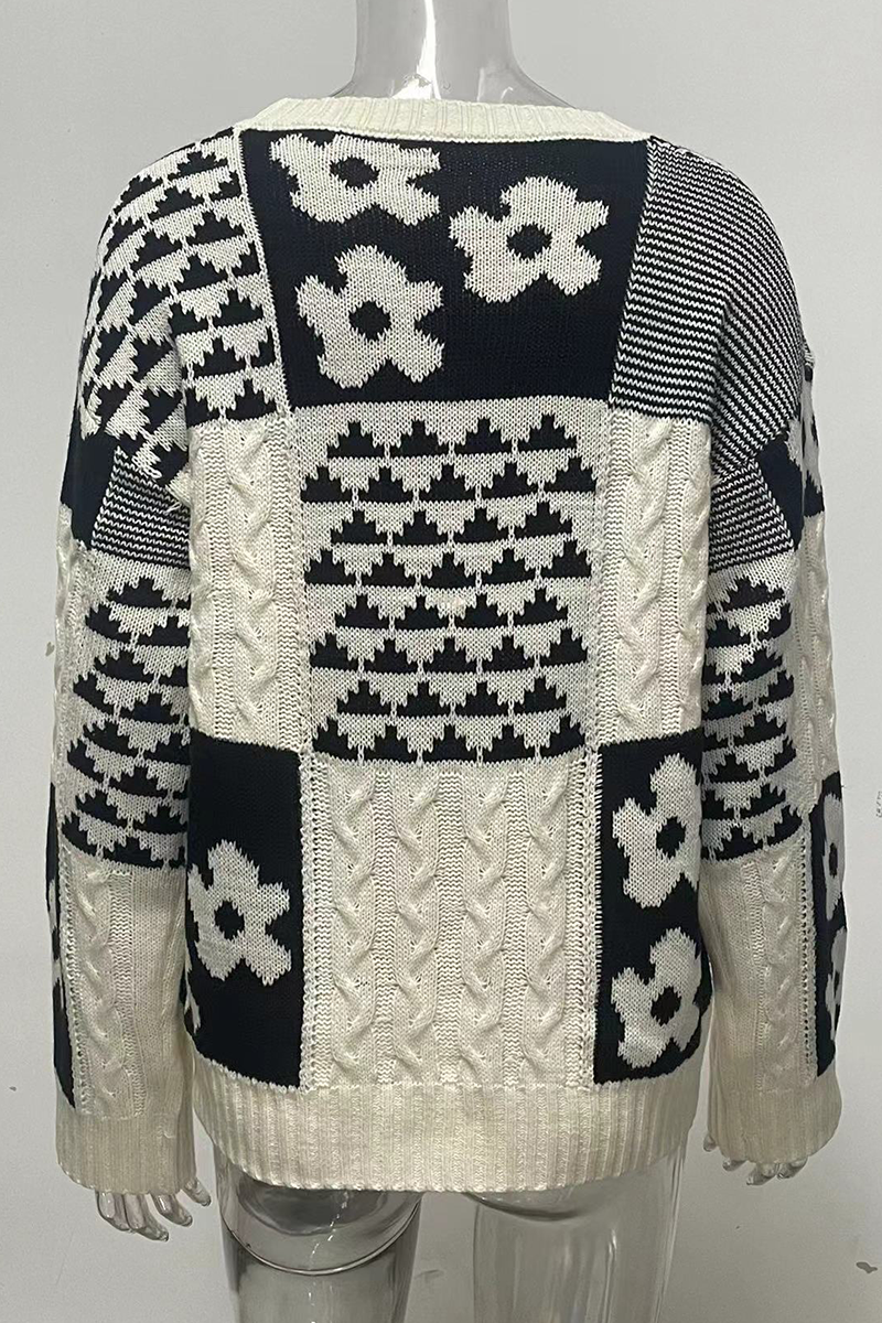 Heike | Casual O-neck sweaters with contrast color block floral pattern