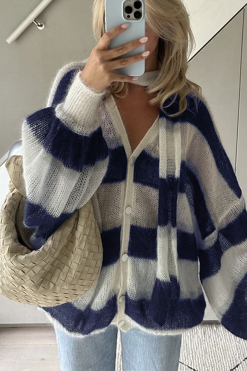 Heleen | Casual cardigans with stripes and buttons and contrast V-neck
