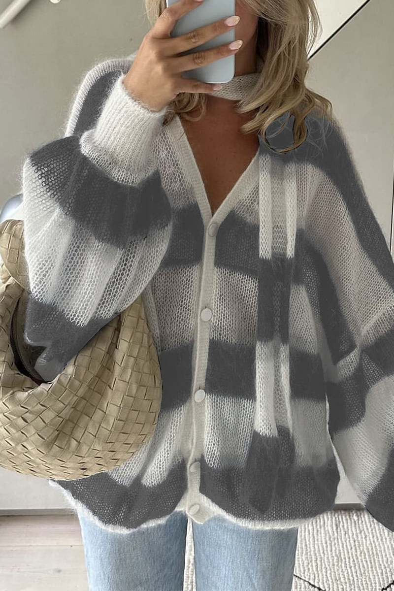 Heleen | Casual cardigans with stripes and buttons and contrast V-neck