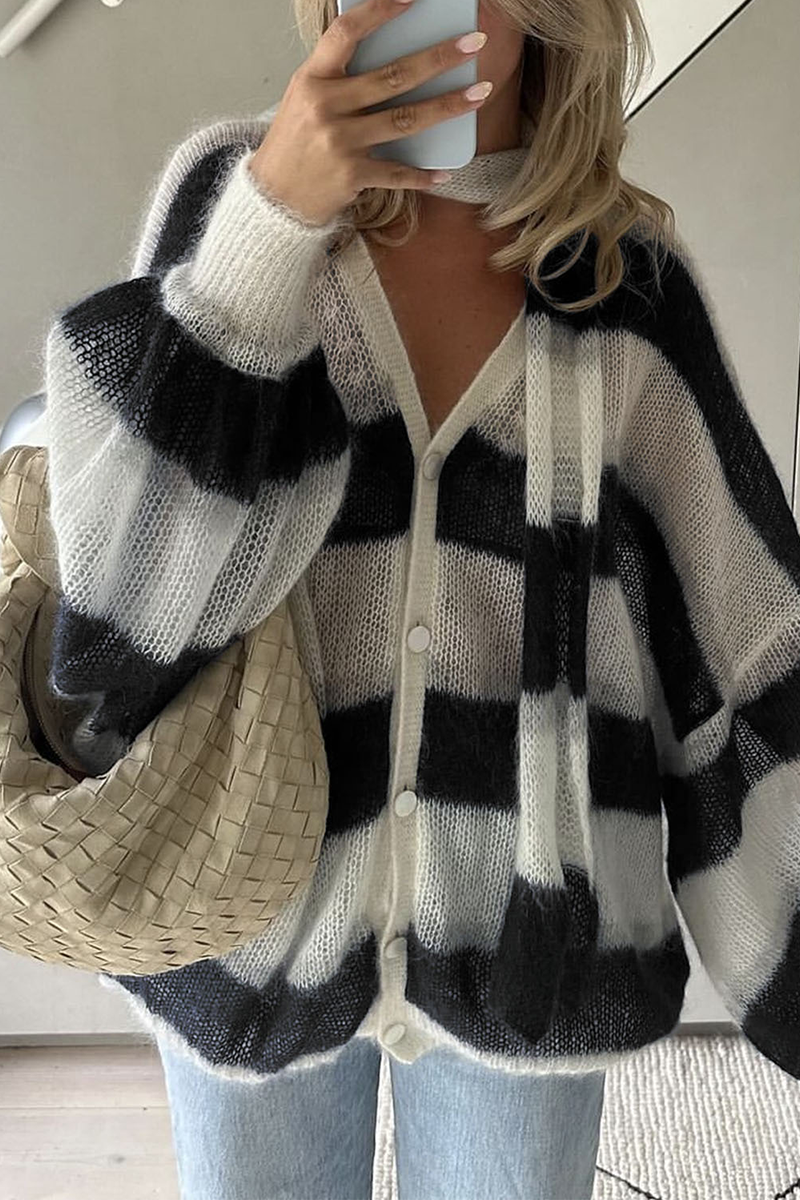 Heleen | Casual cardigans with stripes and buttons and contrast V-neck