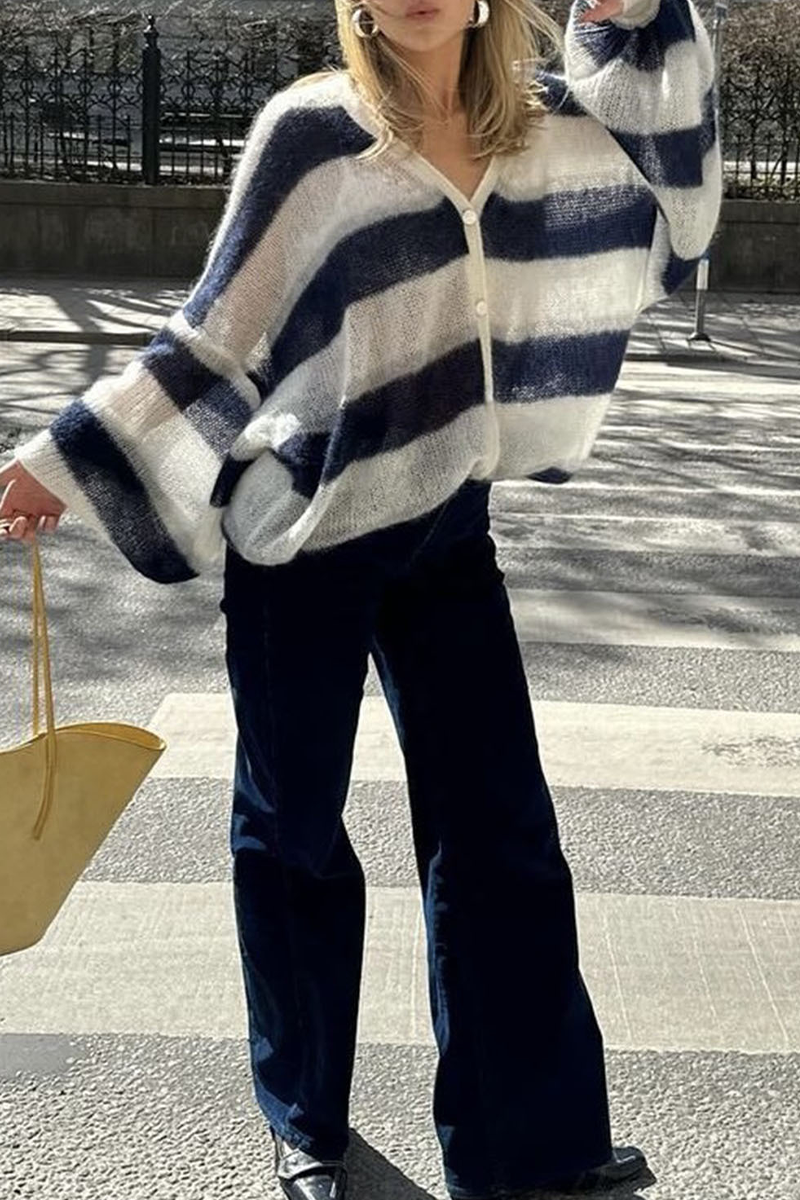 Heleen | Casual cardigans with stripes and buttons and contrast V-neck