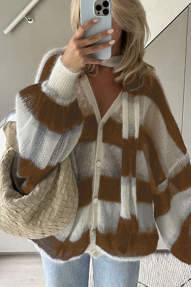Heleen | Casual cardigans with stripes and buttons and contrast V-neck