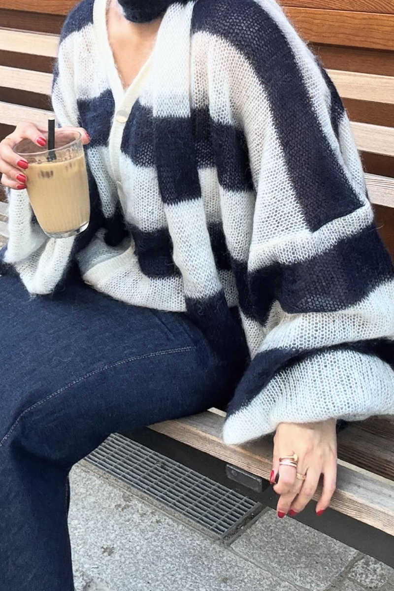 Heleen | Casual cardigans with stripes and buttons and contrast V-neck