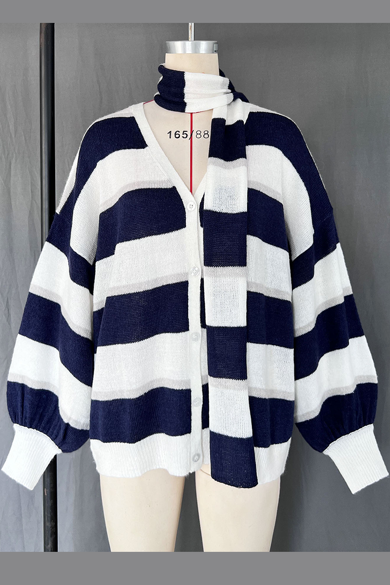 Heleen | Casual cardigans with stripes and buttons and contrast V-neck