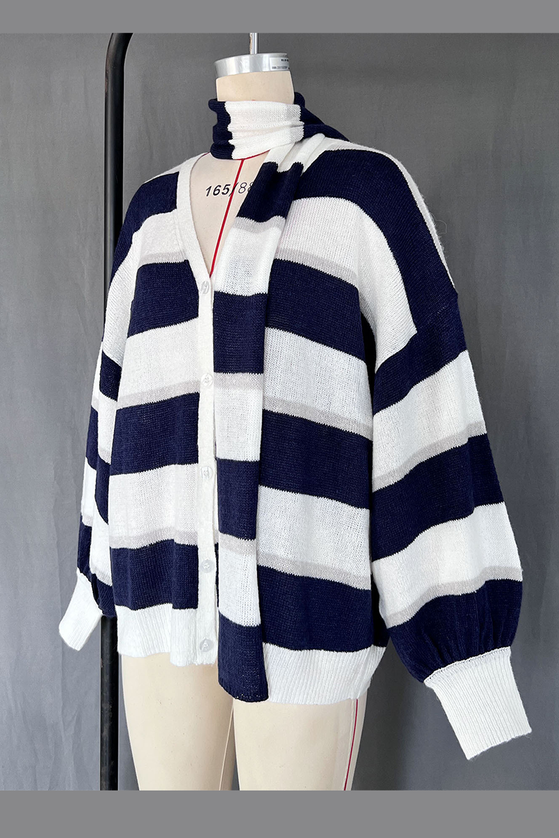 Heleen | Casual cardigans with stripes and buttons and contrast V-neck