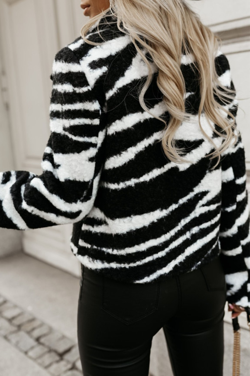 Herminia | Casual street outerwear with zebra print, buttons, fluffy contrast turn-down collar