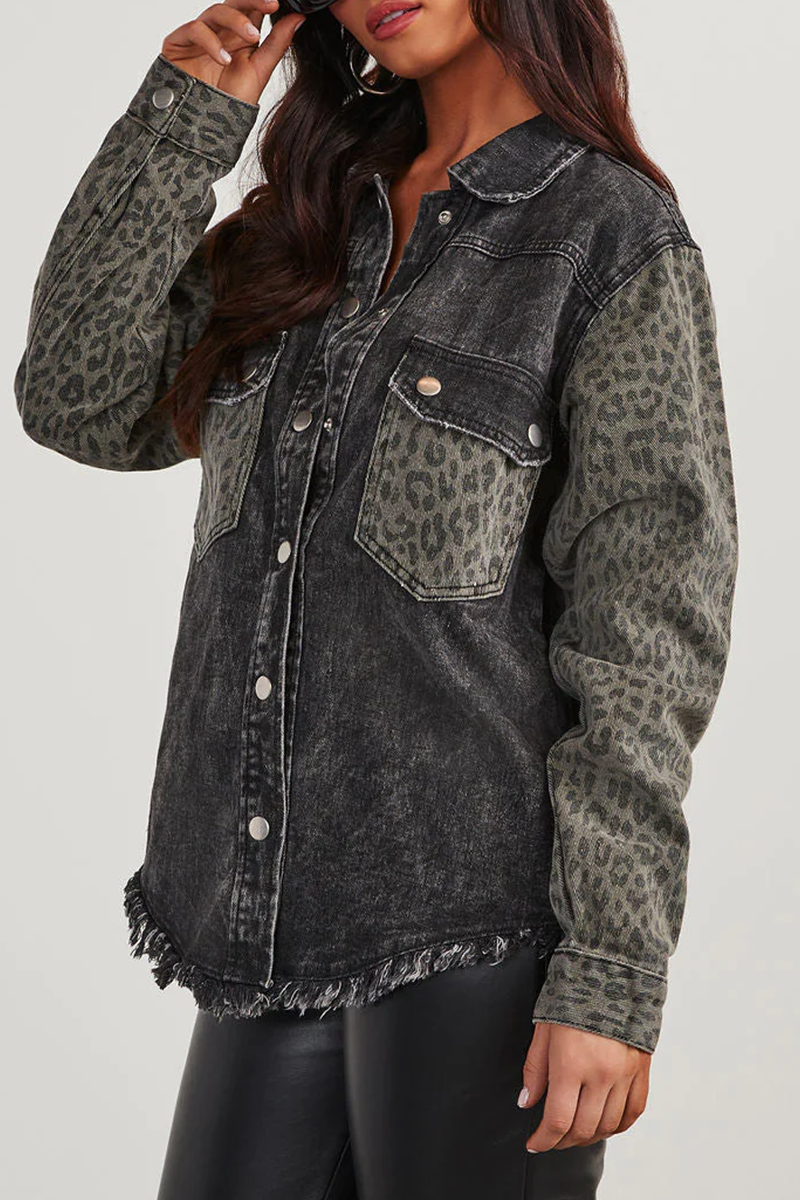 Ida | Casual Street Leopard Distressed Buttons Patchwork Turndown Collar Outerwear