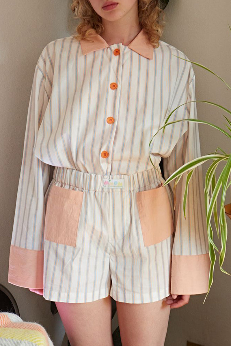 Ilse | Casual daily stripe patchwork contrast turn-down collar long sleeve two piece suit