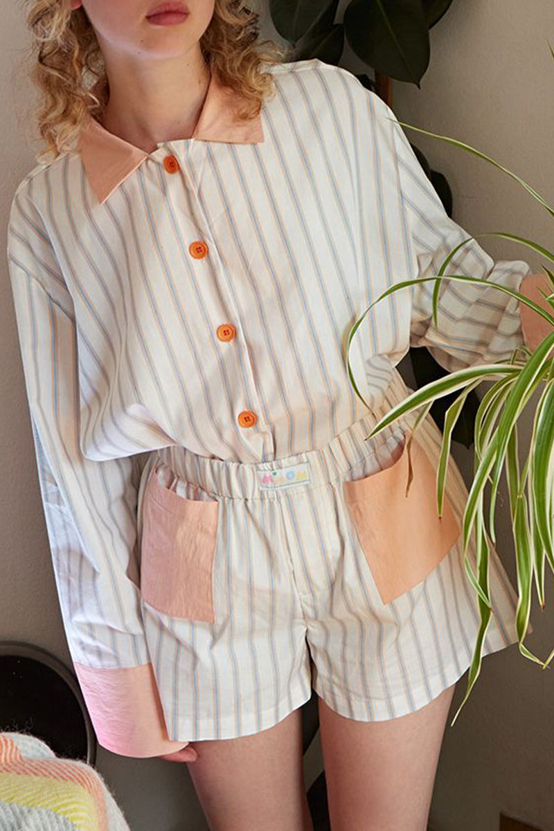 Ilse | Casual daily stripe patchwork contrast turn-down collar long sleeve two piece suit