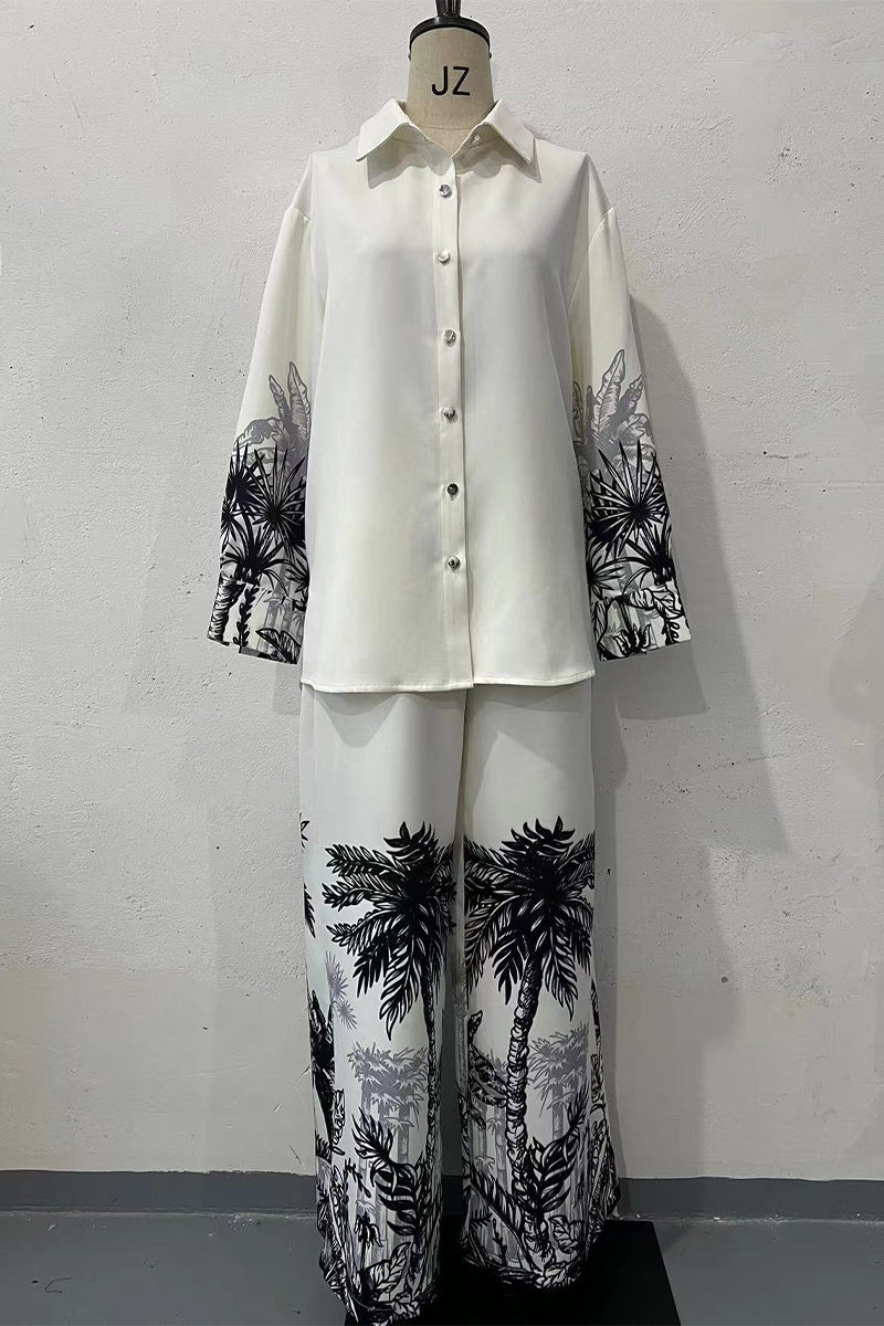 Ilona | Casual landscape print, buttons, turn-down collar, long sleeves, two-piece
