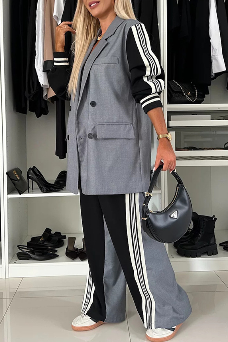 Ines | Casual stripe buckle patchwork contrast turn-down collar long sleeve two piece