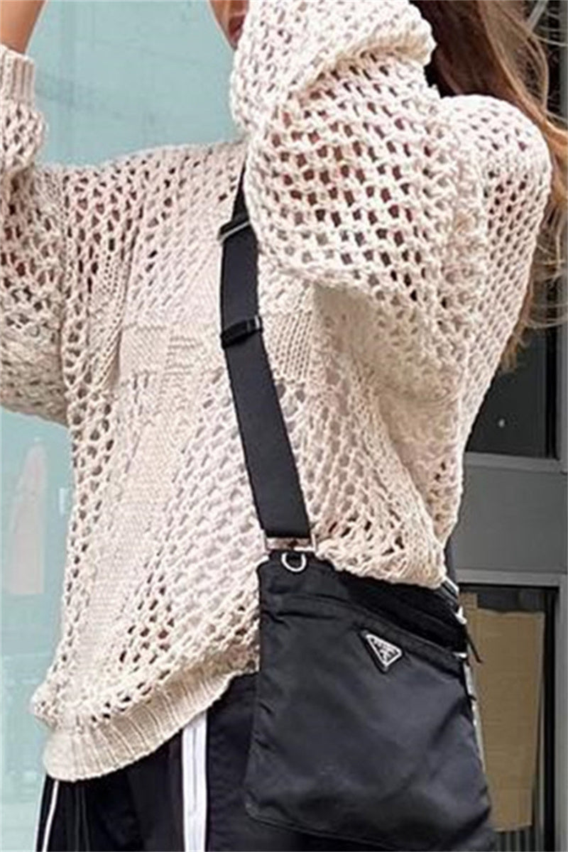 Irati | Casual solid color hollow out O-neck tops