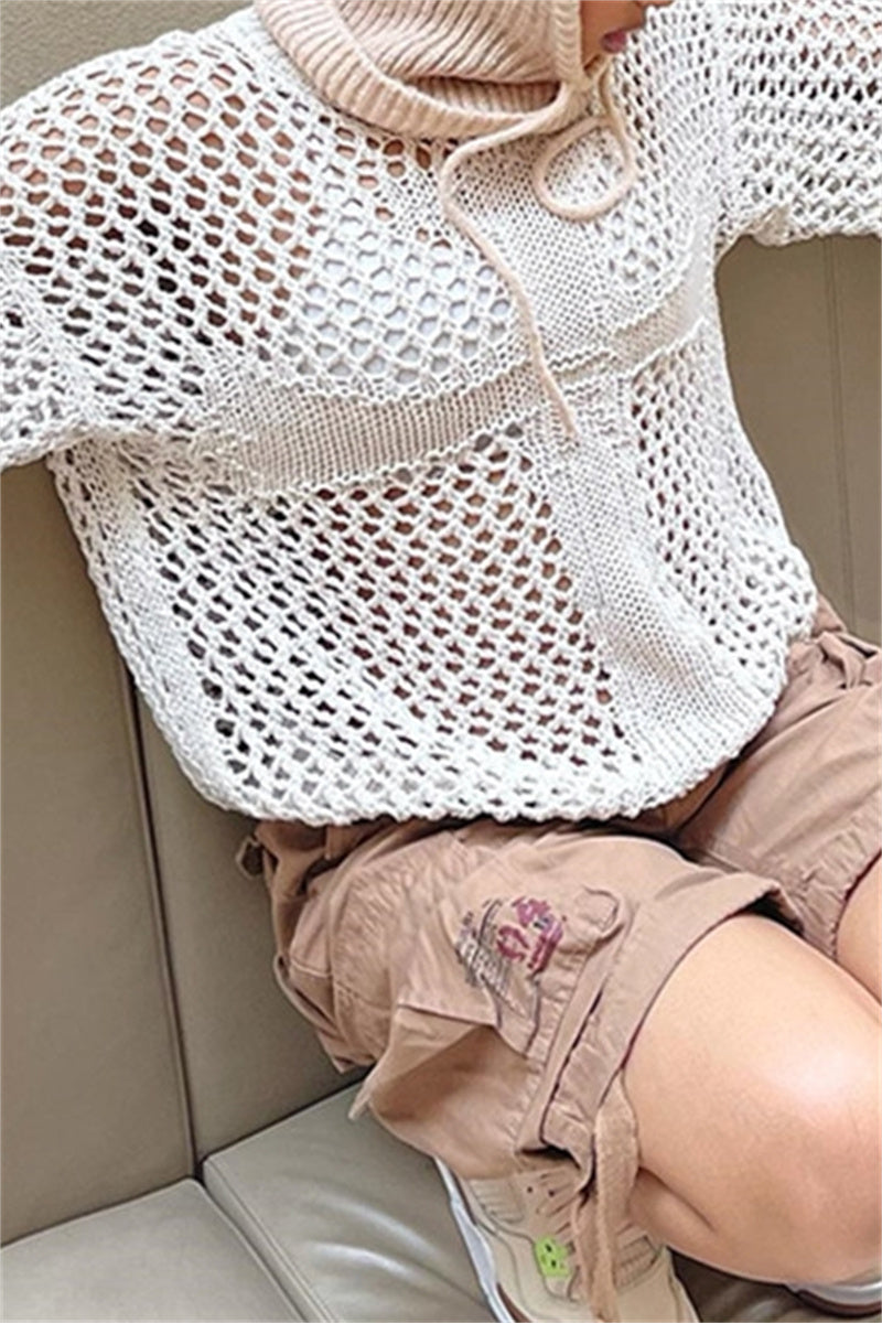Irati | Casual solid color hollow out O-neck tops