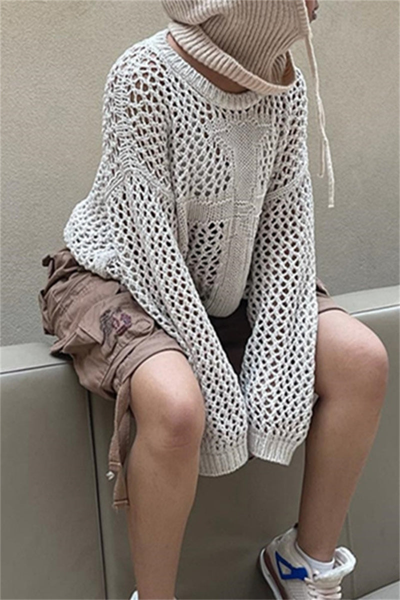 Irati | Casual solid color hollow out O-neck tops