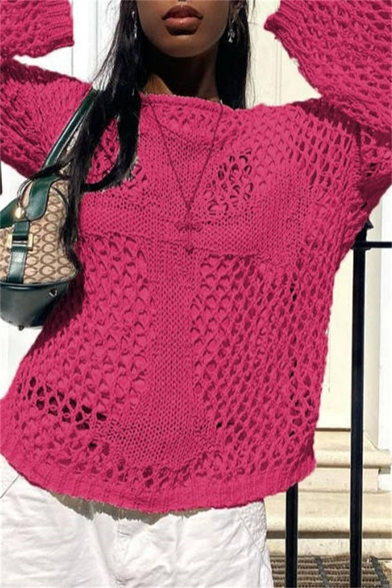 Irati | Casual solid color hollow out O-neck tops