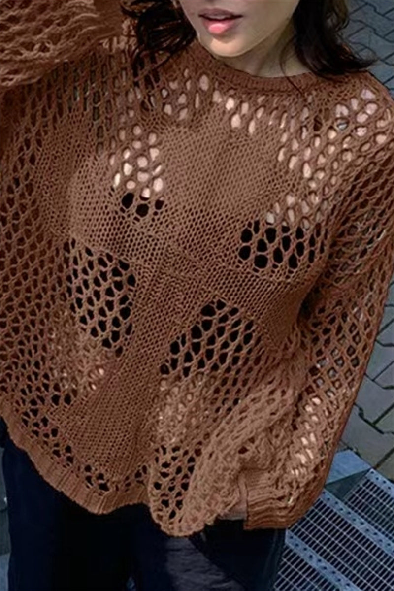 Irati | Casual solid color hollow out O-neck tops