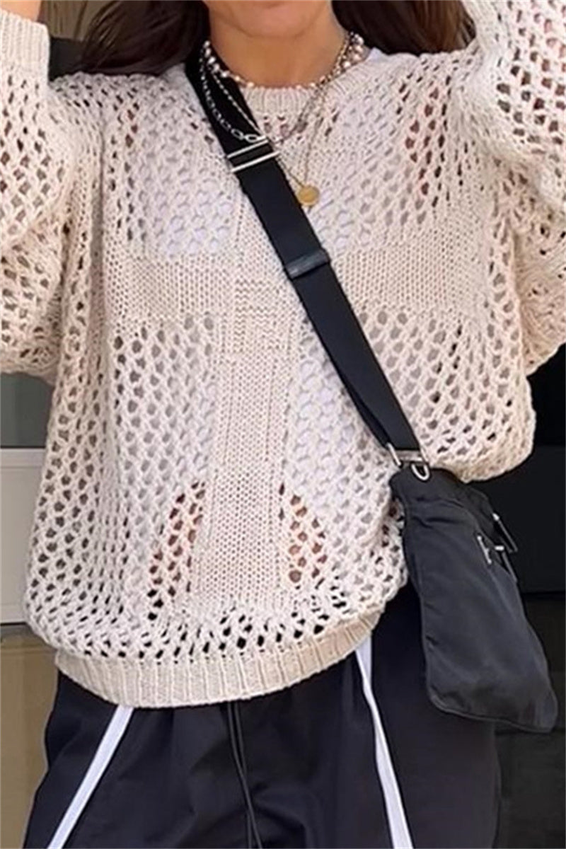 Irati | Casual solid color hollow out O-neck tops