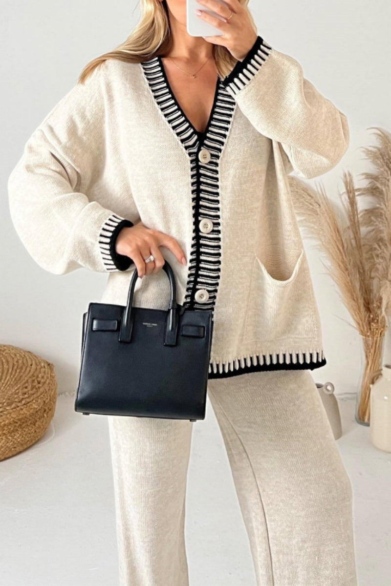 Jade | Casual Patchwork Button Up V Neck Long Sleeve Two Piece Set