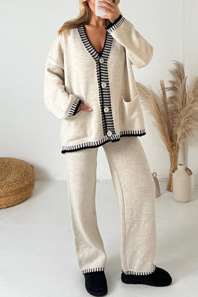 Jade | Casual Patchwork Button Up V Neck Long Sleeve Two Piece Set