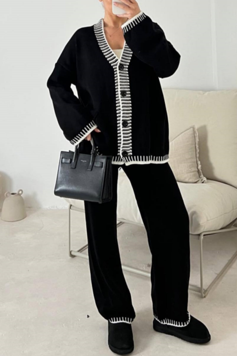 Jade | Casual Patchwork Button Up V Neck Long Sleeve Two Piece Set
