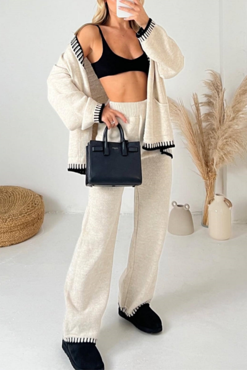 Jade | Casual Patchwork Button Up V Neck Long Sleeve Two Piece Set